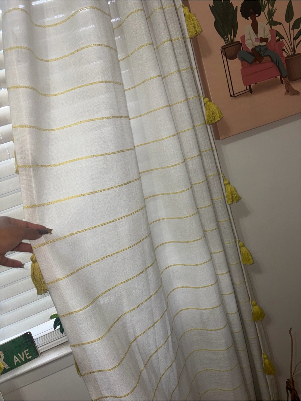 Lime Green Striped Tassel Window Curtain Panels (set of 4)